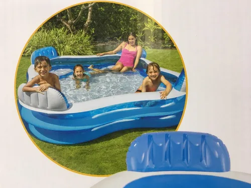 Vista 5 de Doukedge Piscina familiar, centro de natación inflable grande con 4 asientos integrados para niños y adultos, piscina gruesa para niños y adultos
