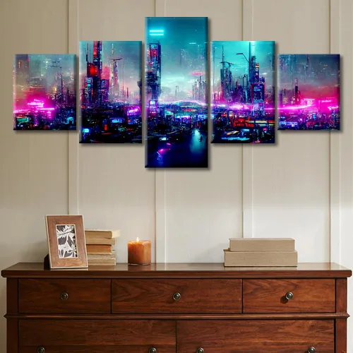 Vista 235 de Cuadros de 5 paneles de Cyberpunk City, arte de pared, representación de vallas publicitarias, edificios modernos en la capital con obras de arte