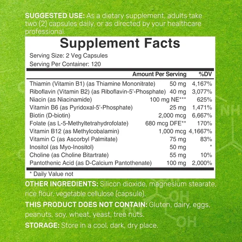 Vista 2 de Complejo de Vitamina B Bioactivo para Hombres y Mujeres, 240 Cápsulas Vegetarianas - Complejo B Metilado y Vitamina C Esterificada – Alta Potencia