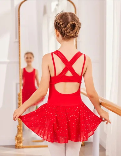 Vista 2 de Zaclotre Leotardos de gimnasia para niñas, con tirantes cruzados, brillantes vestidos de baile de ballet con espalda hueca y falda para disfraz