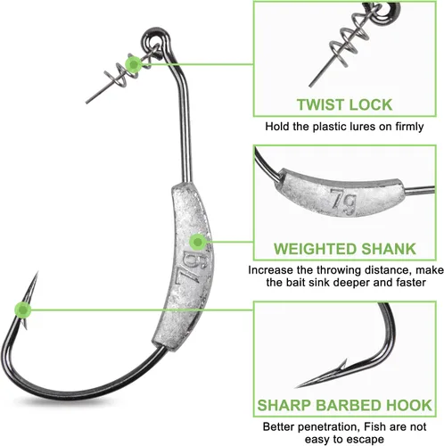 Vista 2 de Twistlock Fishing Hooks with Weight, 25pcs Worm Hooks with Centering Pin Spring Weighted Swimbait Hooks for Soft Plastic Lures Baits Bass Fishing