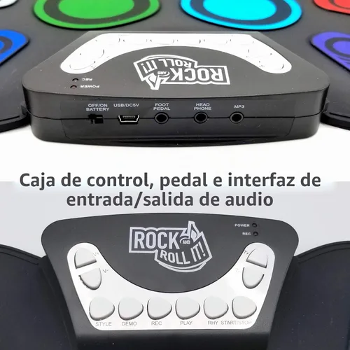 Vista 4 de MUKIKIM Rock And Roll It - CodeDrum. Juego de batería portátil enrollable para niños y adultos. Almohadilla electrónica de silicona arcoíris