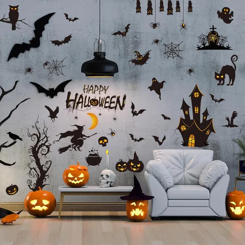 Vista 6 de AnyDesign Calcomanías de pared de Halloween, calcomanías de pared de murciélagos y castillo antiguo, calcomanías de arte de pared extraíbles