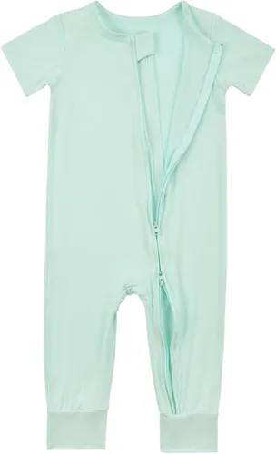 Vista 3 de Aablexema Pijama de manga corta de rayón de bambú para bebé, sin pies, cremallera de 2 vías, para verano, 0-24 meses