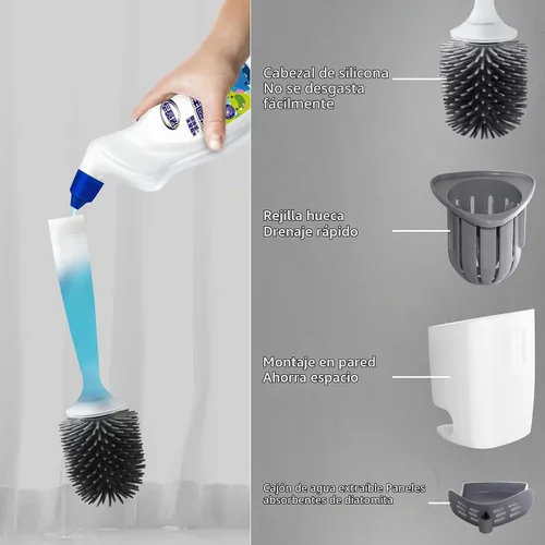 Vista 7 de Cepillo limpiador de inodoro de silicona, kit de cuenco de limpieza de baño, cepillo de inodoro de montaje en pared, cepillo de inodoro recargable