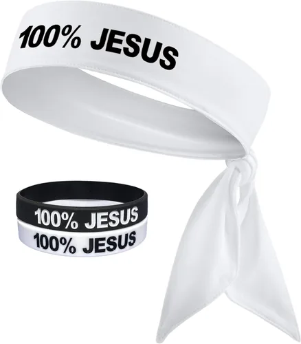 Vista 2 de 100% Jesús Sports Diadema y pulsera de silicona para fútbol, fútbol fútbol blanco y negro, atletismo, fitness, banda elástica para el sudor, bandana