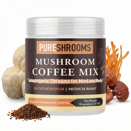 Vista 14 de PureShrooms Perfect 7 - Café de hongos – Arábica instantánea de origen único con melena de león orgánica, Reishi y Cordyceps – Bebida