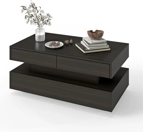 Vista 9 de Mesa de centro para sala de estar, mesa de centro moderna con 2 cajones de almacenamiento, mesa central de 2 niveles de madera con luces LED de 20