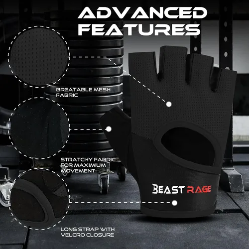 Vista 6 de BEAST RAGE Guantes de entrenamiento para hombres y mujeres, guantes de gimnasio sin dedos con protección de la palma, transpirables y ligeros