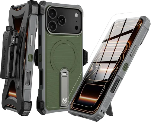 Vista 11 de M MYBAT PRO Funda 3 en 1 con soporte de metal (verde militar, 15 Pro Max)