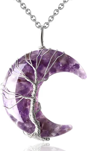 Vista 8 de MAIBAOTA Collar de Cristal Curativo, Collar de Luna Creciente con Árbol de la Vida envuelto en alambre, Collares con Colgante de Piedra Natural