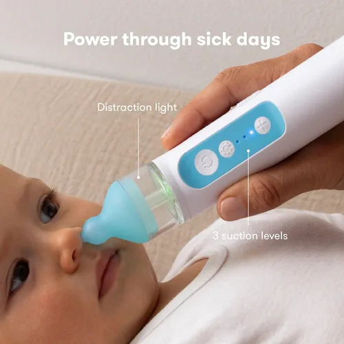 Vista 10 de Frida Baby Aspirador Nasal Eléctrico NoseFrida para Bebé, Succionador de Nariz para Bebé y Niño Pequeño, Aspirador Nasal Mejorado para Congestión +