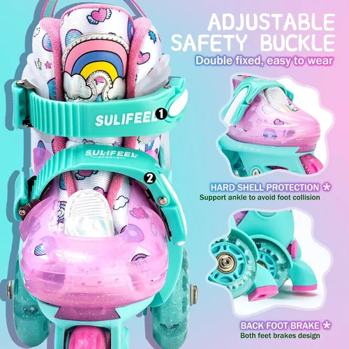 Vista 4 de SULIFEEL Patines ajustables para principiantes con rodilleras de unicornio arcoíris verde y rosa
