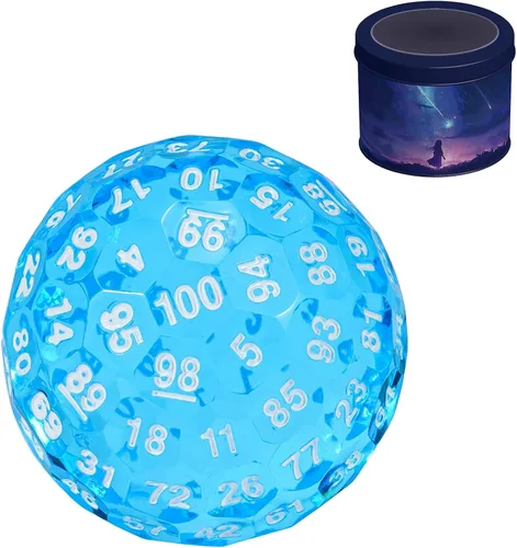 Vista 12 de Dados poliédricos mejorados de 100 caras (D100), 1.969 in, fuente negra/roja, dado único, dados de juego D&D, lata de almacenamiento de metal