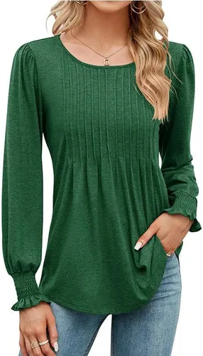 Vista 2 de Túnica lisa para mujer, estilo casual, elegante, cuello redondo, manga larga, plisada, para llevar con leggings