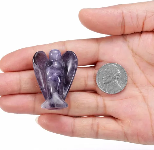 Vista 4 de Jovivi 2 figuras de ángel de cristal de cuarzo rosa amatista de 1.5 pulgadas pulido bolsillo guardián estatua piedras preciosas de ángel, piedras
