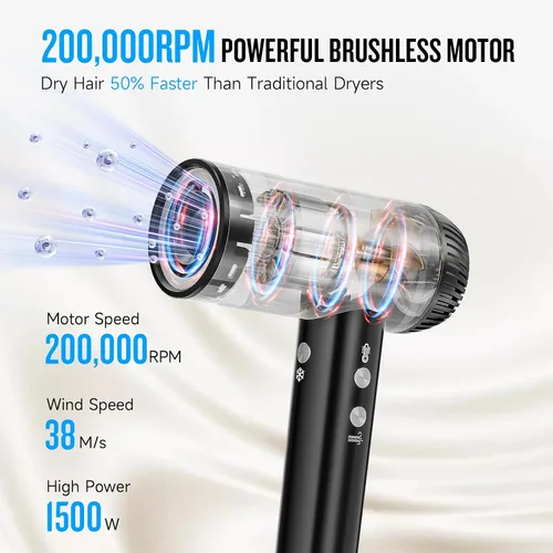 Vista 2 de Secador de pelo 2026, secador profesional de alta velocidad de 200,000 RPM con difusor para mujeres, secador de pelo iónico negativo de 3,937.0 ft