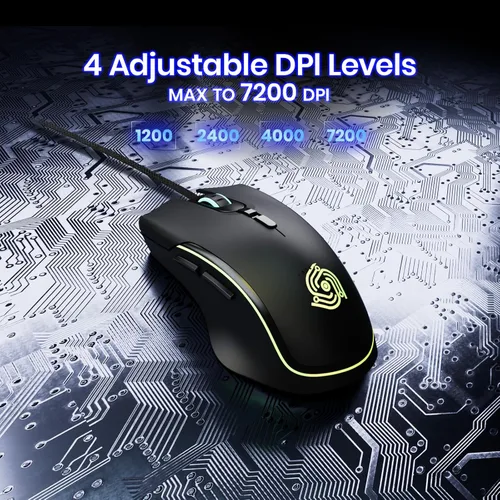 Vista 4 de Ratón para juegos con cable, mouse con cable para computadora con 6 botones programables, sensor óptico de hasta 7200 DPI, iluminación RGB