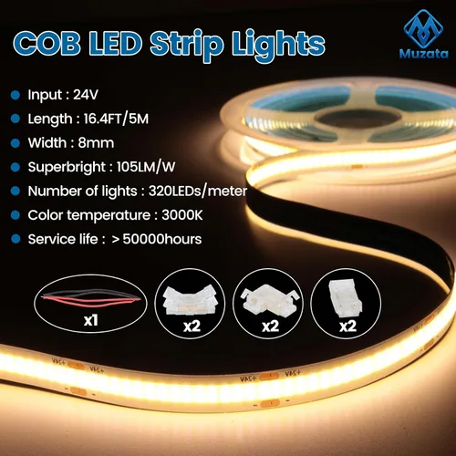 Vista 2 de Muzata 5M/16.4FT 320LED/m Tira de luces LED COB de alta densidad DC24V 3000K Blanco cálido impecable se adapta al canal LED U1SW U108 U103 Tira