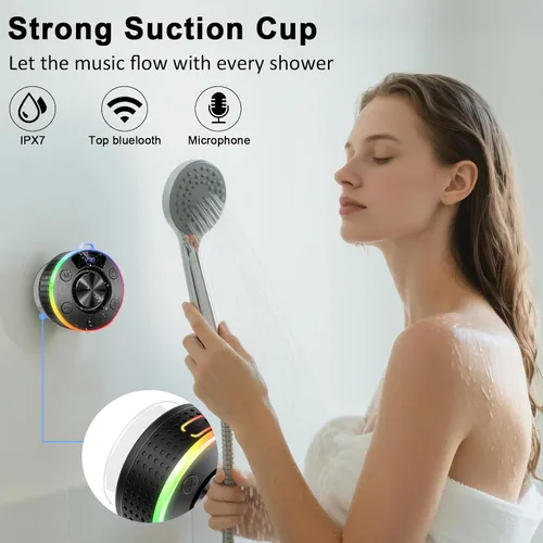 Vista 2 de Donerton Bluetooth Shower Speaker, Portable Bluetooth 5.4 Speaker with 360°HD Stereo Sound and Robust Bass, IPX7 Waterproof Speakers, LED Light