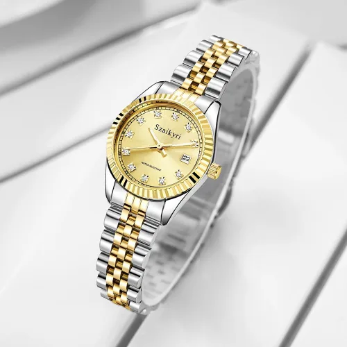 Vista 4 de Reloj clásico para mujer con banda de acero inoxidable sólido, reloj de vestir para mujer, reloj con calendario