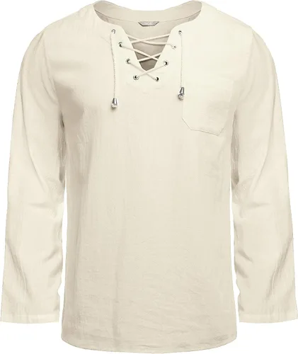 Vista 4 de COOFANDY Camisas de lino de algodón para hombre con cordones estilo casual playa hippie cuello en V