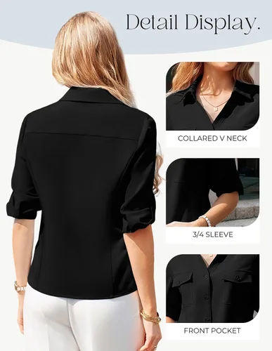 Vista 4 de GRACE KARIN Camisas con botones para mujer, cuello en V clásico, manga 3/4, blusas básicas elegantes sin arrugas