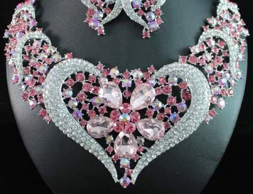 Vista 2 de janefashions de corazón babero collar arete set N1620nupcial de vidrio rhinestone de Austria (Rosa)