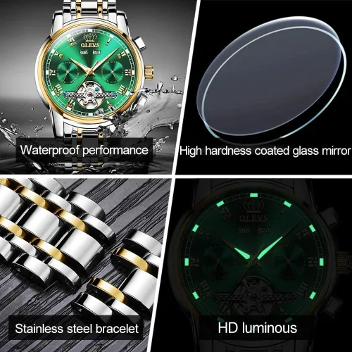 Vista 6 de OLEVS Relojes de cuerda automática para hombre, reloj mecánico automático Tourbillon de acero inoxidable con doble calendario, impermeable, luminoso