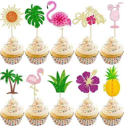 Vista 15 de 36 piezas de adornos para cupcakes de piña verde con purpurina verde para Luau despedida de soltera, fiesta de verano tropical, decoración