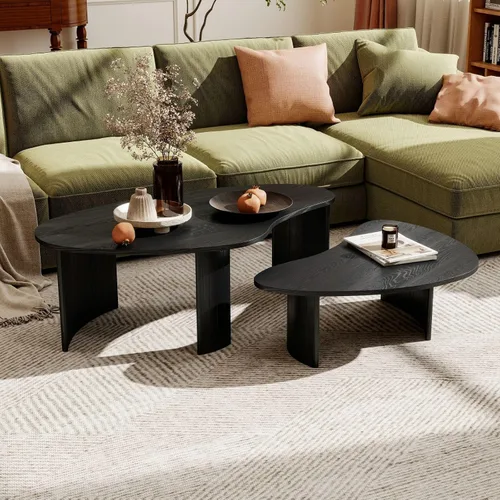 Vista 11 de Hyfirm - Mesa de café moderna de madera negra de 47.25 pulgadas para la sala de estar, mesa central resistente con tapa irregular de mango y patas