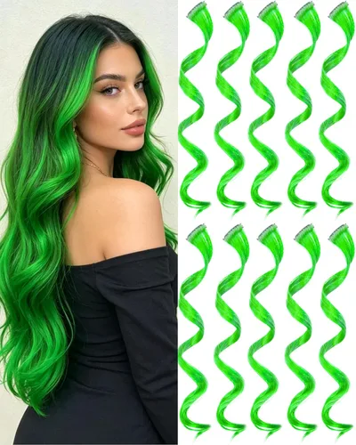 Vista 17 de 10 extensiones de cabello sintético rizado y ondulado negro con clip, reflejos de fiesta de neón arcoíris, accesorios de cabello coloridos