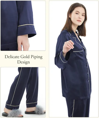 Vista 3 de LILYSILK Pijama de seda para mujer, con ribete dorado, 22 momme, 100% seda, lavable
