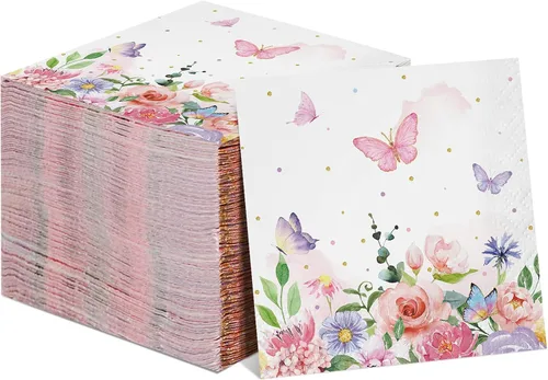 Vista 8 de 100 servilletas de mariposa rosa para fiestas, toallas de papel desechables coloridas para jardín, primavera, verano, flores y mariposas, toallas
