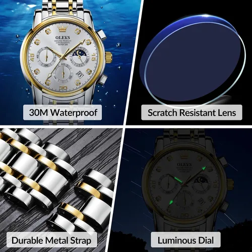 Vista 5 de OLEVS Reloj cronógrafo para hombre, esfera grande, multifuncional, fácil de leer, de acero inoxidable, analógico, de cuarzo, con fecha, de lujo