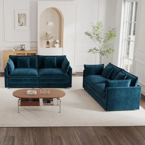 Vista 22 de mikibama Juego de sofá biplaza y sillón de lujo de 2 piezas, moderno juego de sofás nube tapizados de chenilla con 5 almohadas para sala de estar