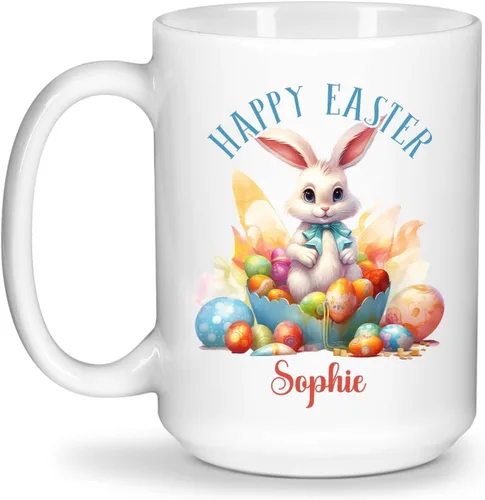 Vista 13 de Taza de viaje de cerámica personalizada de conejo, taza con nombre personalizado para los amantes de los conejos, taza de té con nombre temático