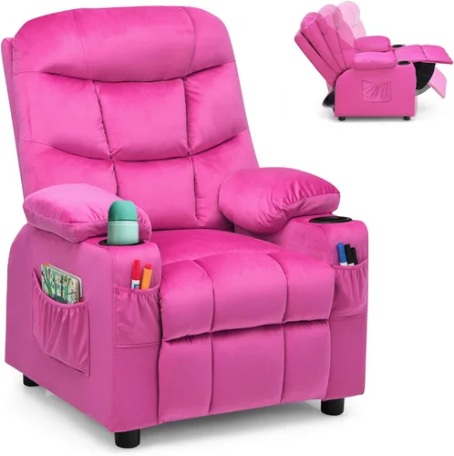 Vista 11 de Costzon Silla reclinable para niños con soporte para tazas, silla de salón de terciopelo ajustable con reposapiés y bolsillos laterales