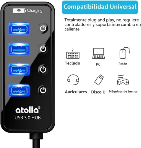 Vista 3 de Atolla Hub USB 3.0 de 4 puertos con 4 puertos de datos, 1 puerto de carga inteligente, interruptores individuales de encendido/apagado y adaptador