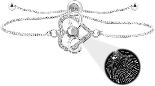 Vista 11 de Pulsera ajustable de cadena de plata/oro rosa, 4 dijes de corazón diferentes en 100 idiomas con texto en inglés "Say I Love You", pulsera