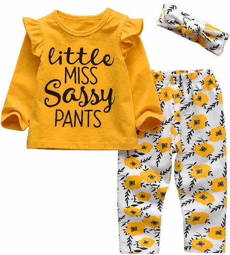 Vista 2 de KuKitty Conjunto de 3 piezas de ropa de bebé niña de manga larga con letras y pantalones casuales y diadema Red-1