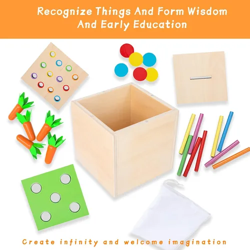 Vista 7 de Adena Montessori Kit de juego de madera Montessori 3 en 1 para bebé, incluye juego de gotas de color con cerillas, juego de cosecha de zanahorias