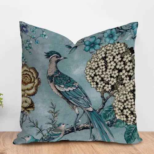 Vista 97 de ArogGeld Funda de cojín con flores verdes y blancas con flores grises y negras y hojas verdes en estilo chinoiserie, funda de almohada cuadrada