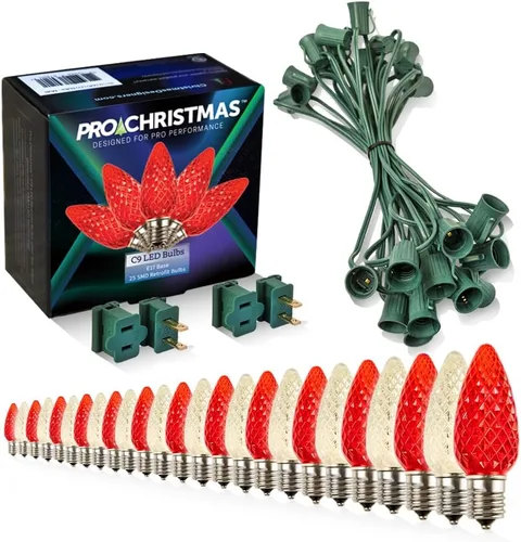 Vista 54 de Pro Christmas - Kit de luces C9 para exteriores, blanco cálido, cable verde, 50 bombillas, 50 pies