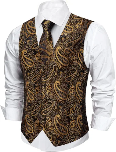 Vista 4 de DiBanGu Conjunto de chaleco de traje de cachemira y corbata preatada para Dorado y Negro