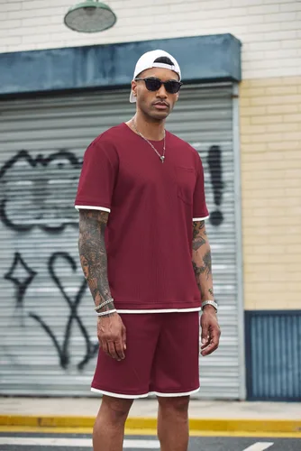 Vista 48 de COOFANDY Conjunto de camisa y pantalones cortos de gofre para hombre, conjunto de 2 piezas, conjunto casual de verano con bolsillos