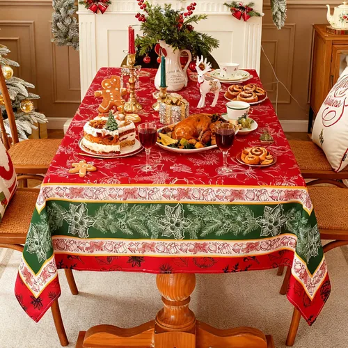 Vista 3 de SASTYBALE - Mantel navideño rectangular de 52x70 pulgadas, con diseño vintage de Flor de Pascua y acebo, resistente a las arrugas, para cenas