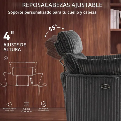 Vista 9 de Silla reclinable eléctrica de pana con USB y reposacabezas ajustable, color Corduroy-gris-eléctrico
