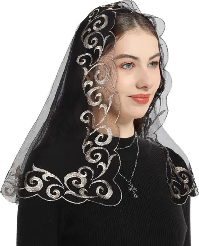 Vista 3 de Bozidol Cubierta triangular para la cabeza de la iglesia, velo de iglesia vintage bordado con cáliz cruzado para mujer