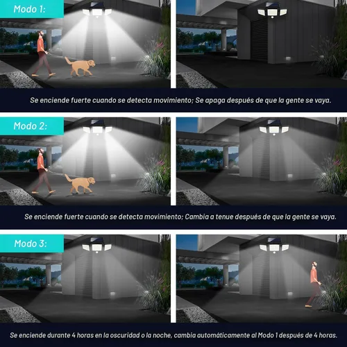 Vista 6 de Tuffenough - Luces solares para exteriores, 2500 lm, 210 luces LED de seguridad con control remoto, 3 cabezales de luces con sensor de movimiento
